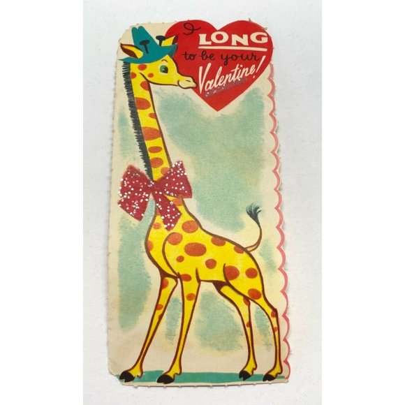 Valentines Day Vintage Greeting Card Giraffe Anthropomorphic Bow Hat 40s - Picture 6 of 6